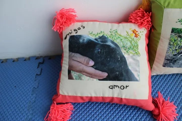 Cojín bordado a mano con la palabra «amor» y la foto de un perro.